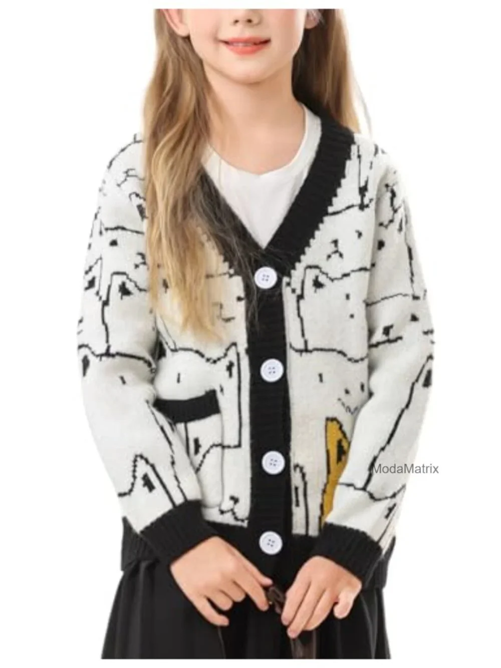 Girls Cat Print Chunky Knit Cardigan V-Neck Oversized Sweater